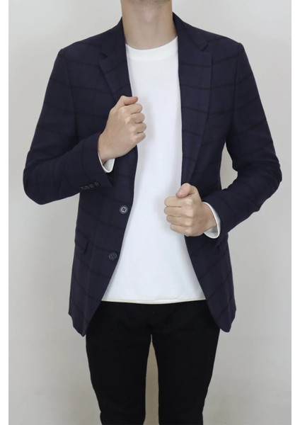 Moda Fistan Store Erkek Ekose Kareli Italyan Kesim Dar Kalıp Çift Düğme Kışlık Blazer Ceket