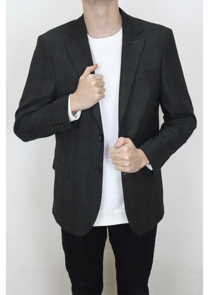 Moda Fistan Store Erkek Haki Yeşil Ekose Kareli Klasik Kesim Rahat Kalıp Çift Düğme Kışlık Blazer Ceket