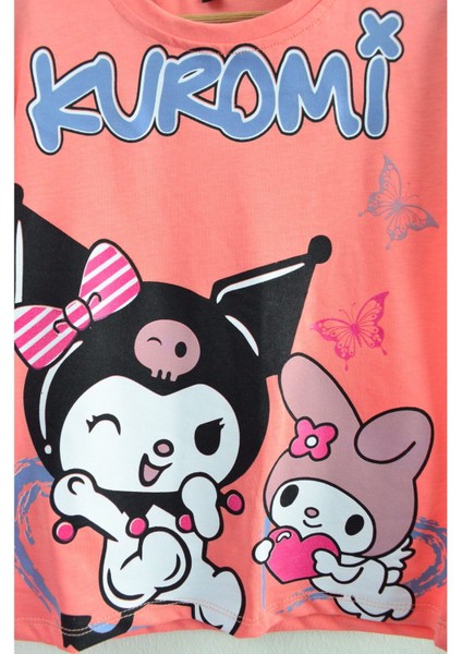 Kuromi ve My Melody Baskılı Şeftali Tişört ve Şort Kız Çocuk Takımı (4-11 Yaş) modelleri