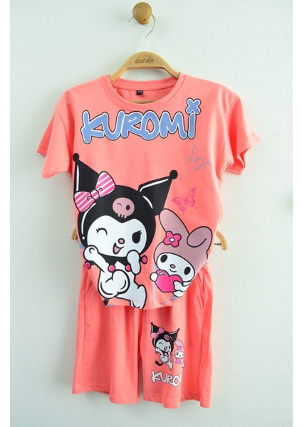 Kuromi ve My Melody Baskılı Şeftali Tişört ve Şort Kız Çocuk Takımı (4-11 Yaş) fırsatları