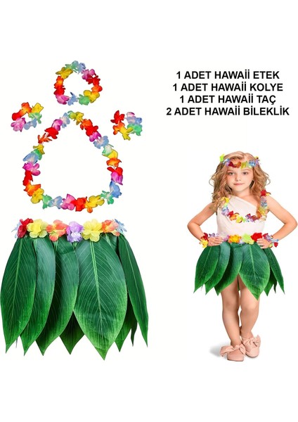 Çocuk Hawaii Kostüm Seti - Yaprak Etek Hawaii Set - 5 Parça