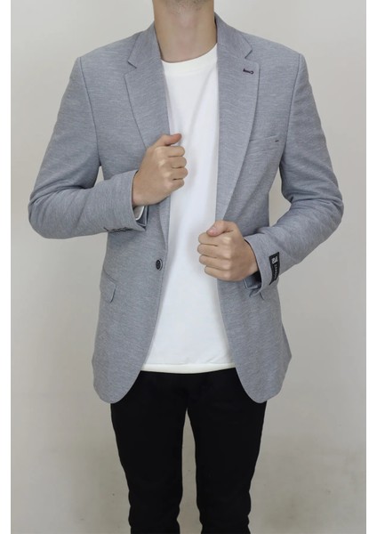 Moda Fistan Store Erkek Gri Italyan Kesim Dar Kalıp Tek Düğme Çift Yırtmaçlı Blazer Ceket