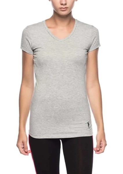Kadın Gri Melanj Kısa Kollu V Yaka T-Shirt 66004