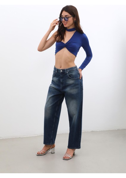 Kadın Yüksek Bel Skater Fit Jean Pantolon Lacivert