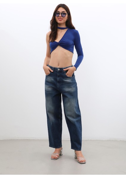 Kadın Yüksek Bel Skater Fit Jean Pantolon Lacivert