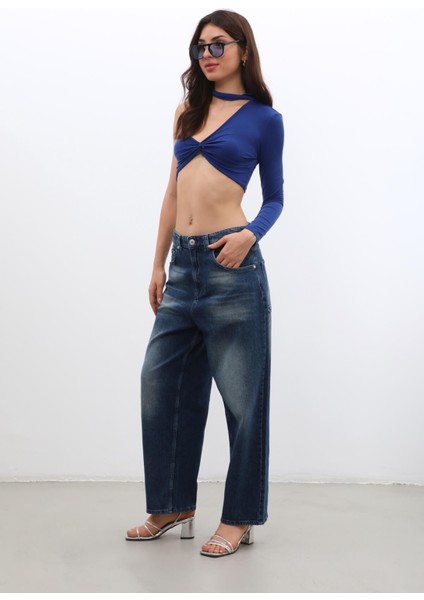 Kadın Yüksek Bel Skater Fit Jean Pantolon Lacivert