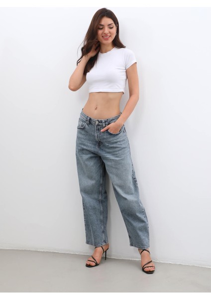 Kadın Yüksek Bel Skater Fit Jean Pantolon Buz Mavisi