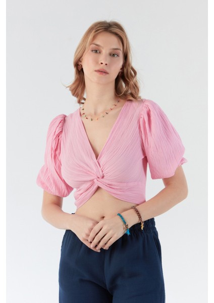 Önü Düğümlü Balon Kol Bluz