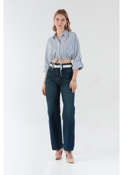 Çizgili Önü Bağlamalı Crop Gömlek