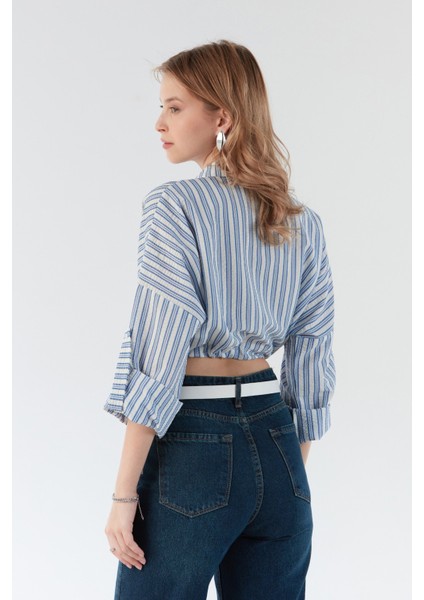 Çizgili Önü Bağlamalı Crop Gömlek modelleri
