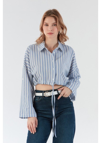 Çizgili Önü Bağlamalı Crop Gömlek fırsatları