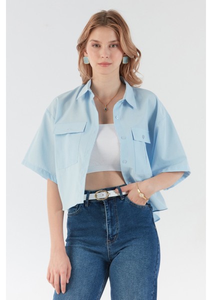 Basic Çift Cepli Arkası Uzun Crop Gömlek