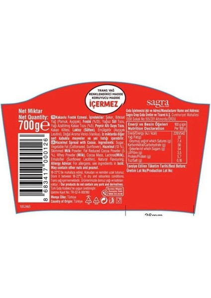 Kakaolu Fındık Ezmesi 700 G 4 Adet Tek Ebat