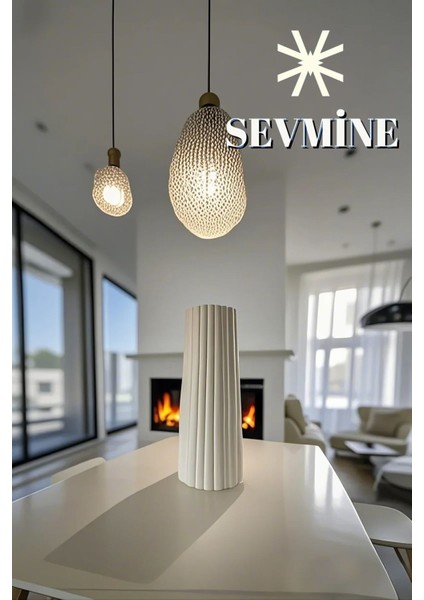 Iskandinav Tarzı Bohem Çizgili Kırık Beyaz Vazo 18 cm