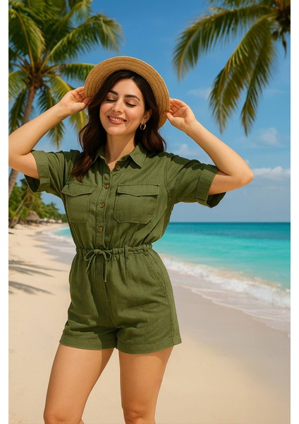 Kadın Kısa Kollu Jean Şort Tulum
