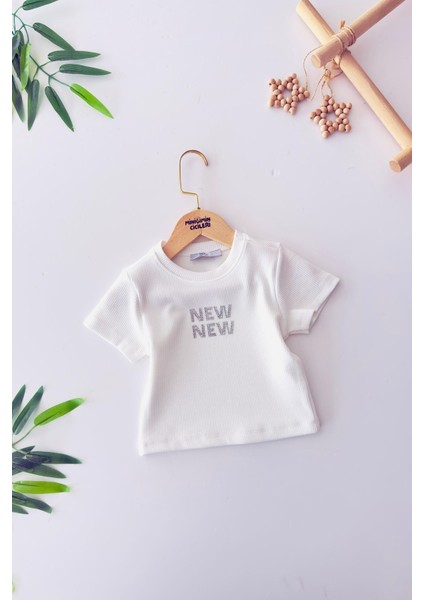 New Taş Işlemeli Kız Çocuk esnek crop - Beyaz