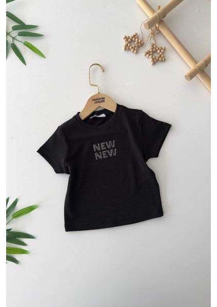 New Taş Işlemeli Kız Çocuk esnek crop - Siyah