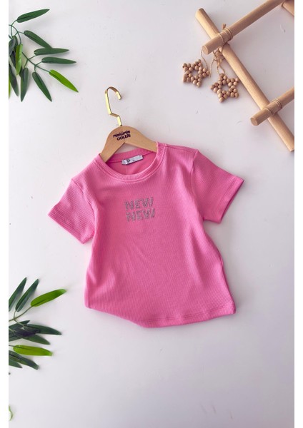 New Taş Işlemeli Kız Çocuk esnek crop - Pembe