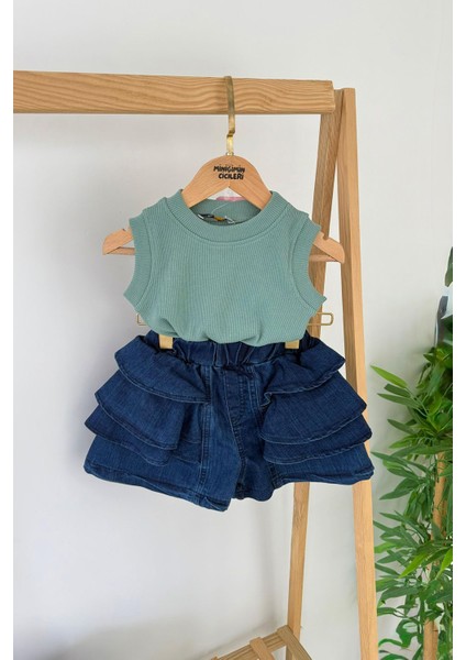 Fırfırlı Kot Şortlu Kırmızı Ribana Atletli Kız Çocuk 2’li takım - Yeşil