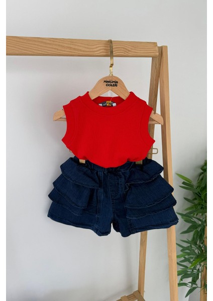 Fırfırlı Kot Şortlu Kırmızı Ribana Atletli Kız Çocuk 2’li takım - Kırmızı
