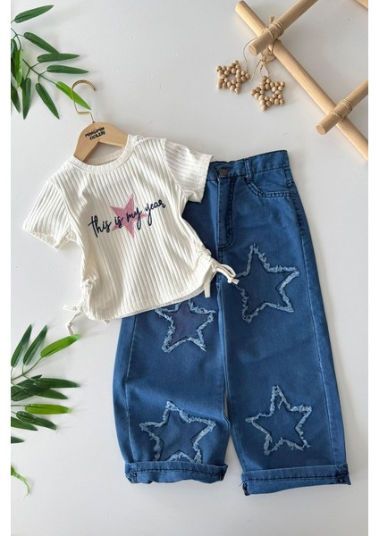 Ince Kotlu Yıldız Desenli Kız Çocuk 2 li takım - Mavi