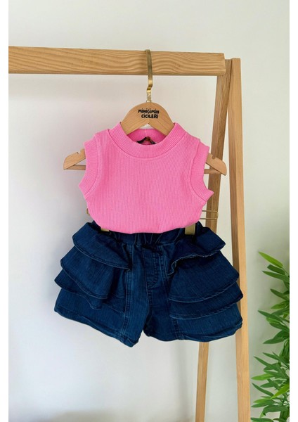 Fırfırlı Kot Şortlu Kırmızı Ribana Atletli Kız Çocuk 2’li takım - Pembe