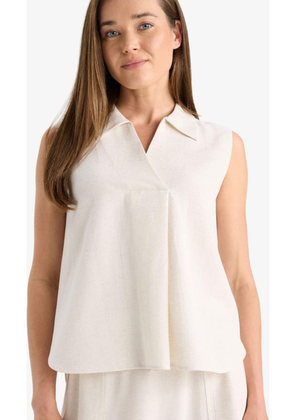 Regular Fit Polo Yaka Keten Karışımlı Kolsuz Bluz F0982AX25HS