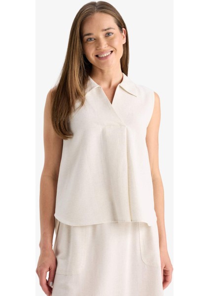 Regular Fit Polo Yaka Keten Karışımlı Kolsuz Bluz F0982AX25HS fırsatları