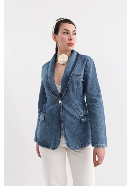 Kadın Uzun Kollu Tek Düğmeli Jean Ceket Mavi