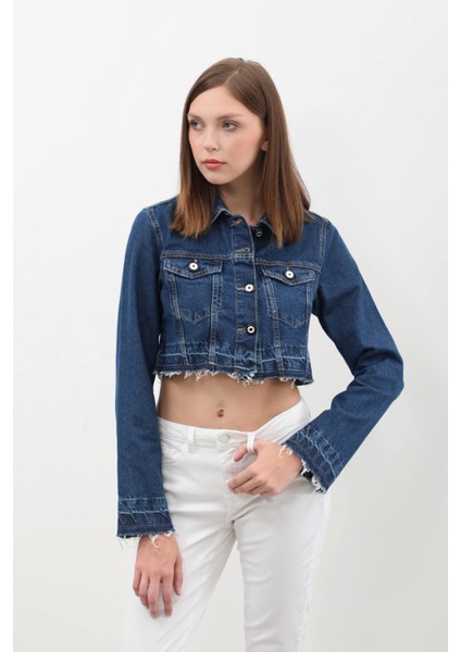 Kadın Püsküllü Crop Jean Ceket