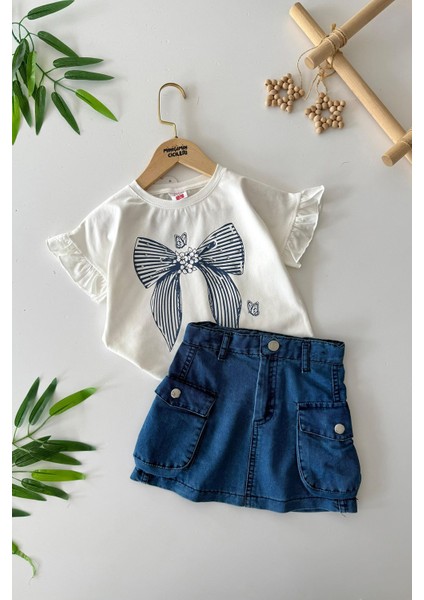 Ince Kot Etekli Fiyonk Desenli Kız Çocuk 2 li takım - Mavi