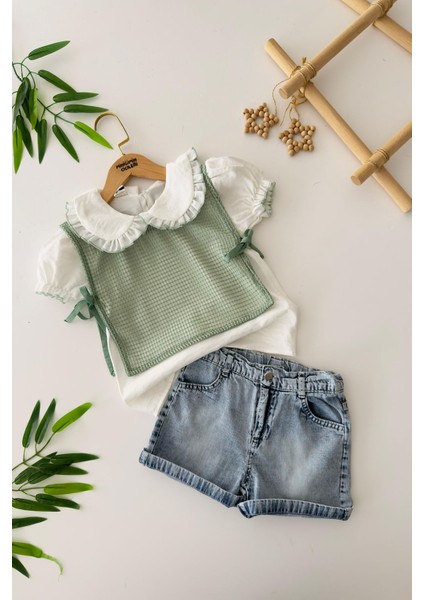 Ayrobin Gömlekli File Aksesuar Yelekli Kız Çocuk 3 lü takım - Yeşil