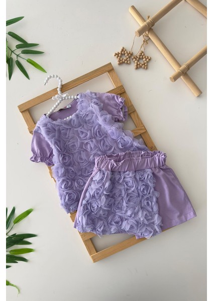 Tül Çiçek Detaylı Kız Çocuk Şort Etekli 2 li penye takım - Lila