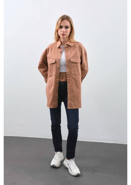 Kadın Oversize Jean Gömlek Bej