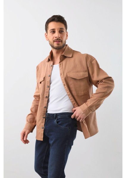 Erkek Oversize Jean Gömlek Bej