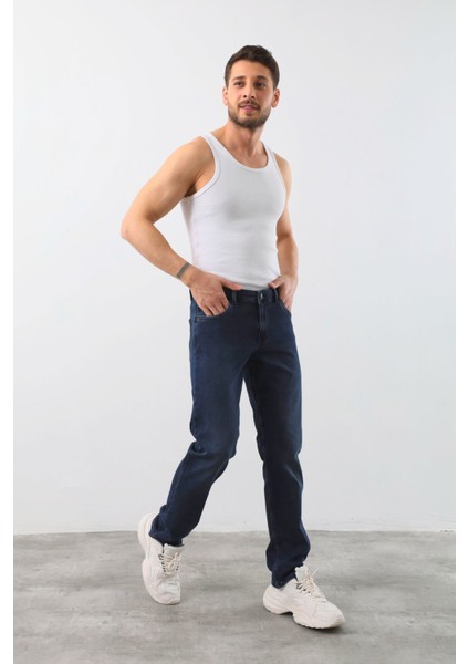 Erkek Likralı Straight Fit Jean Pantolon Mavi