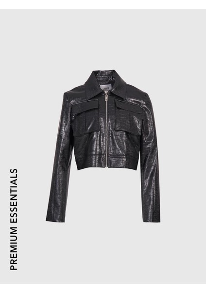 Desenli Deri Cep Detaylı Crop Ceket Siyah