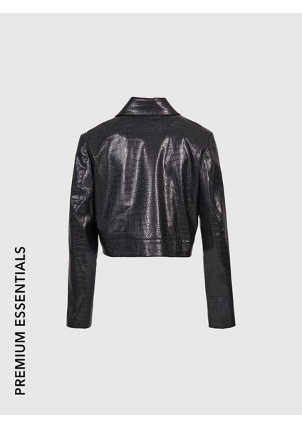 Desenli Deri Cep Detaylı Crop Ceket Siyah fiyatları