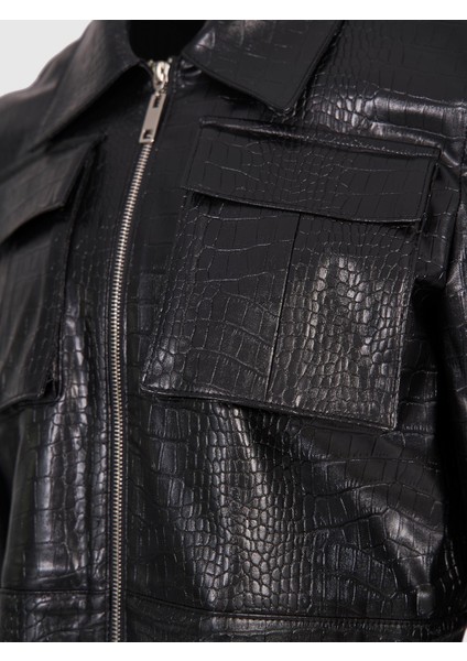 Desenli Deri Cep Detaylı Crop Ceket Siyah modelleri