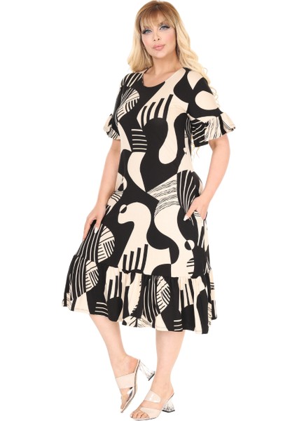Butik Bej Barok Desen Eteği Fırfırlı Cepli Elbise