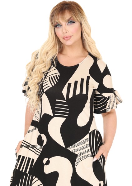 Butik Bej Barok Desen Eteği Fırfırlı Cepli Elbise indirimleri