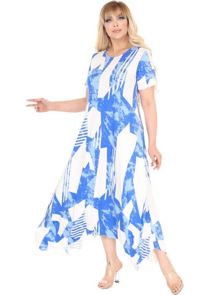 Butik Mavi Vintage Desen Asimetrik Kısa Kollu Elbise