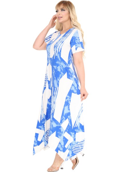 Butik Mavi Vintage Desen Asimetrik Kısa Kollu Elbise fiyatları