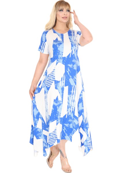 Butik Mavi Vintage Desen Asimetrik Kısa Kollu Elbise modelleri