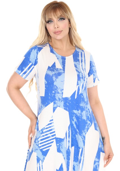Butik Mavi Vintage Desen Asimetrik Kısa Kollu Elbise fırsatları