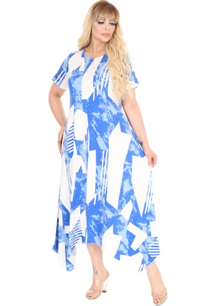 Butik Mavi Vintage Desen Asimetrik Kısa Kollu Elbise indirimleri