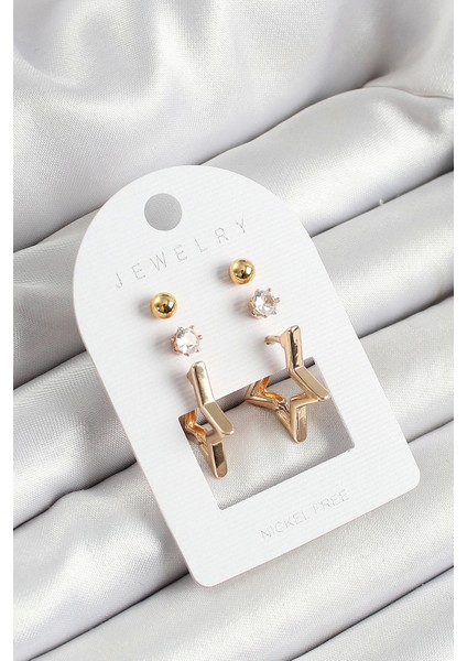 Pirinç Zirkon Taş ve Yıldız Figürlü Gold Renk 3'lü Çift Kadın Küpe Set