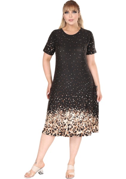 Butik Siyah Puanlı Leopar Desen A Kesim Midi Elbise