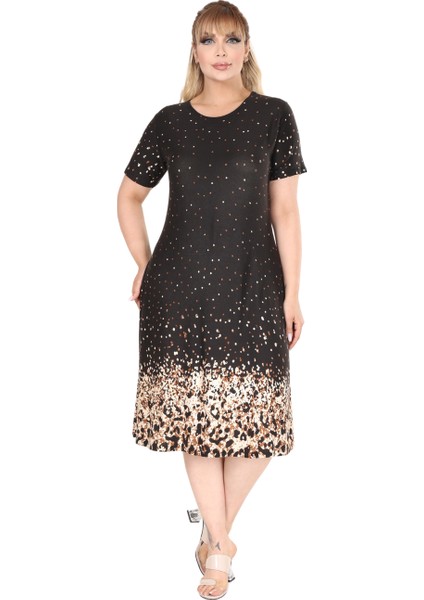 Butik Siyah Puanlı Leopar Desen A Kesim Midi Elbise modelleri