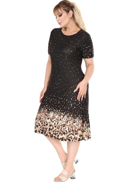 Butik Siyah Puanlı Leopar Desen A Kesim Midi Elbise fırsatları